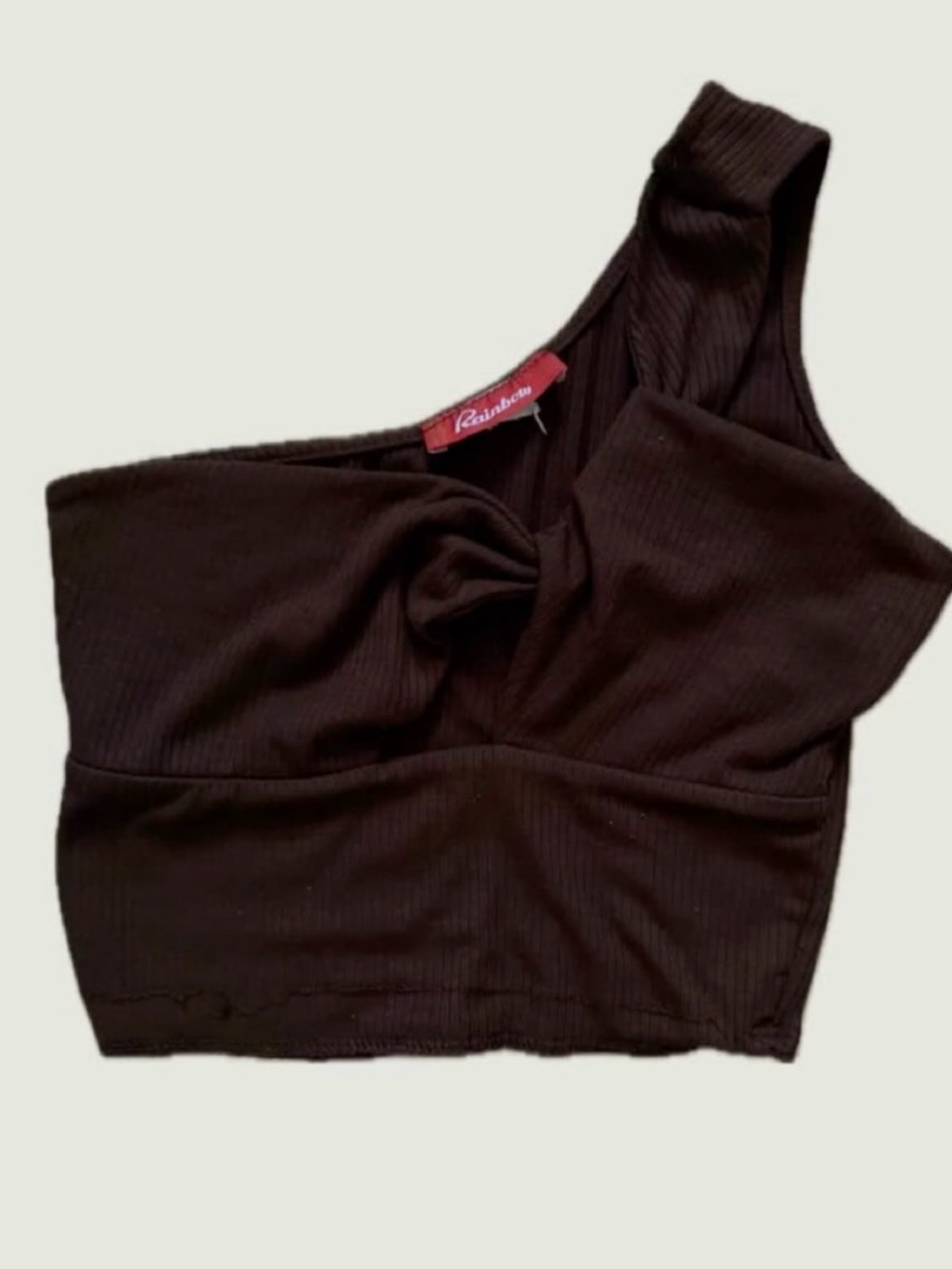 Rainbow One-Shoulder Brown Ribbed Twist Crop Top